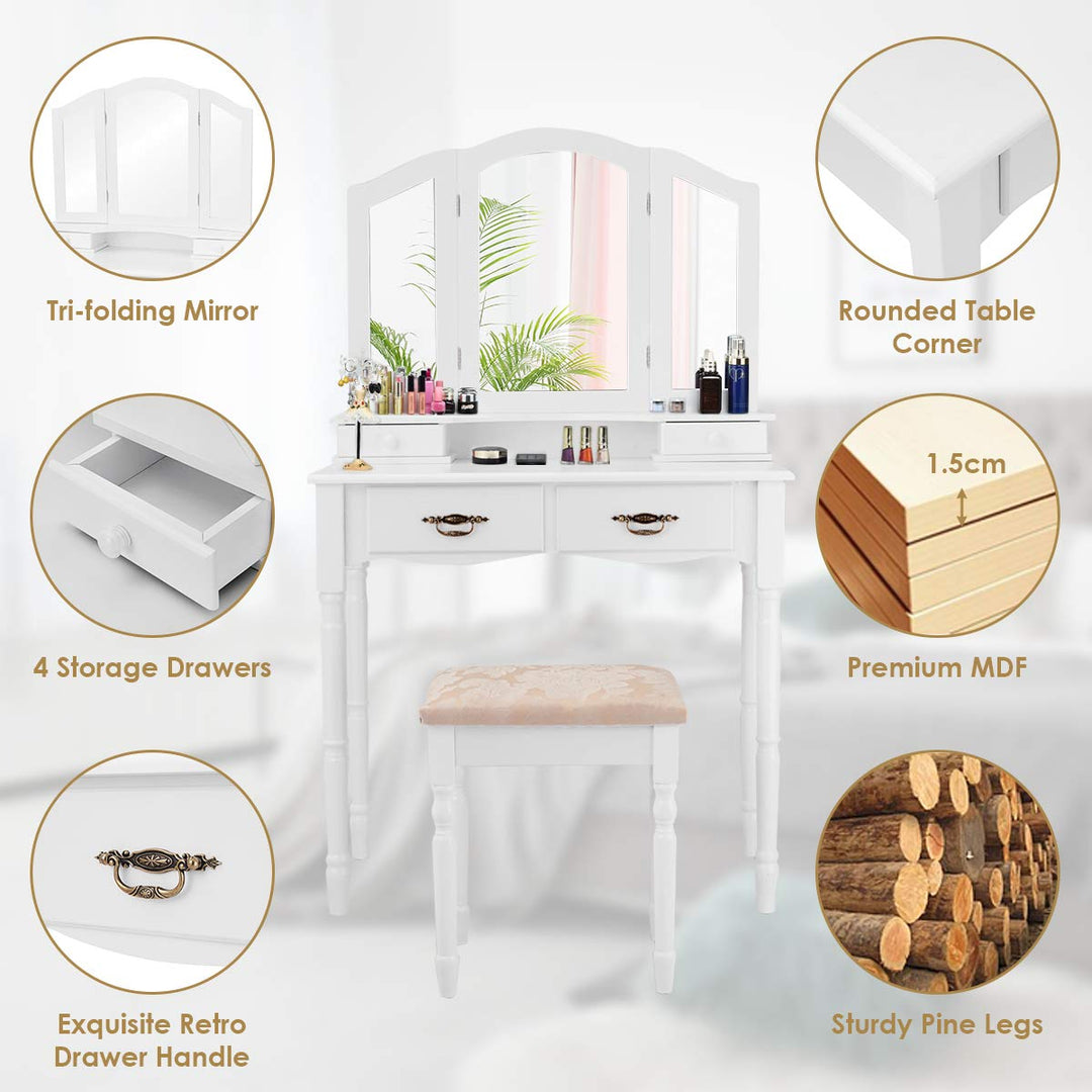Giantex Modern Bedroom Bathroom Makeup Vanity Desk with Cushioned Stool for Girls Women