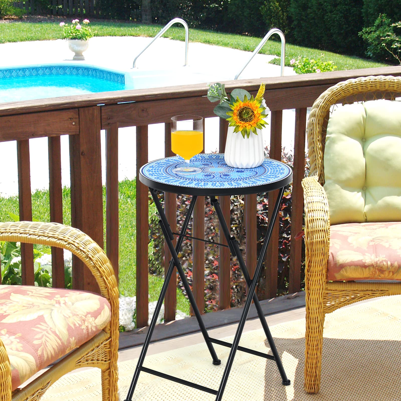 Giantex Folding Mosaic Patio Table, 14'' Outdoor Side Table Round Accent Table Plant Stand with Ceramic Tile Top