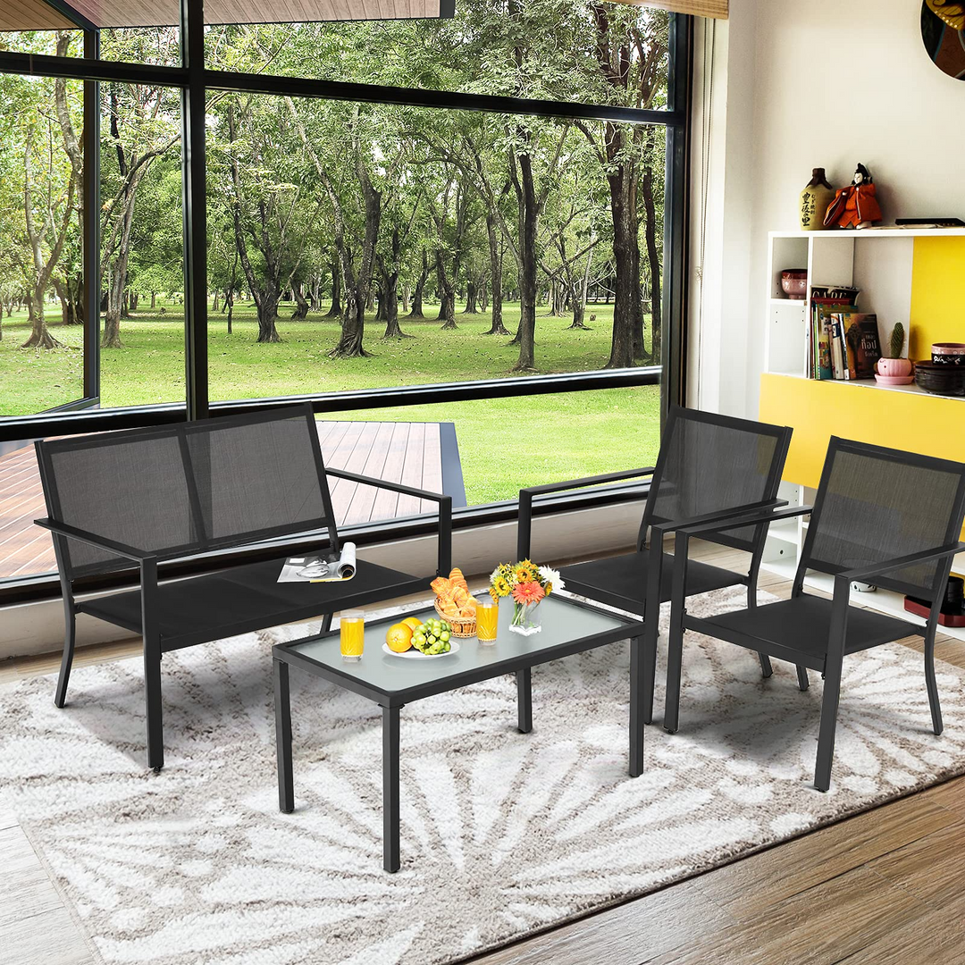 Giantex 4 Pieces Patio Furniture Set, Outdoor Conversation Set, Loveseat Bench with 2 Patio Chairs & Tempered Glass Coffee Table