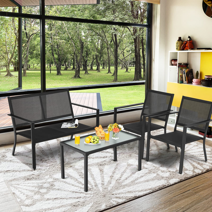 Giantex 4 Pieces Patio Furniture Set, Outdoor Conversation Set, Loveseat Bench with 2 Patio Chairs & Tempered Glass Coffee Table