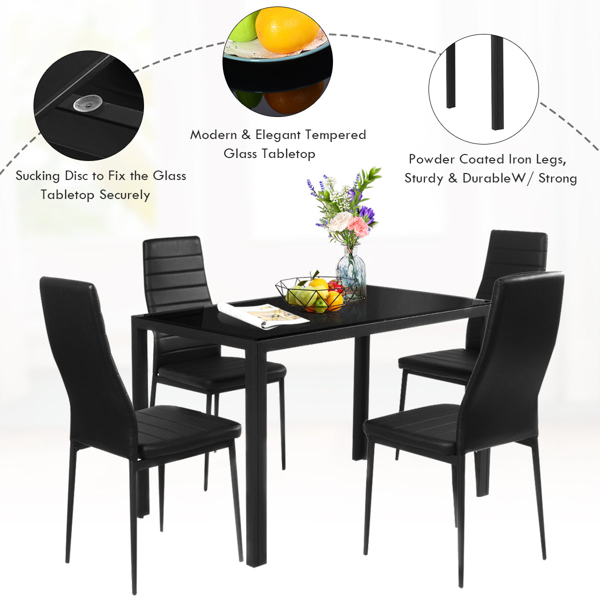 5 Piece Kitchen Dining Table Set with Glass Table Top Leather Padded 4 Chairs (Black) - Giantexus