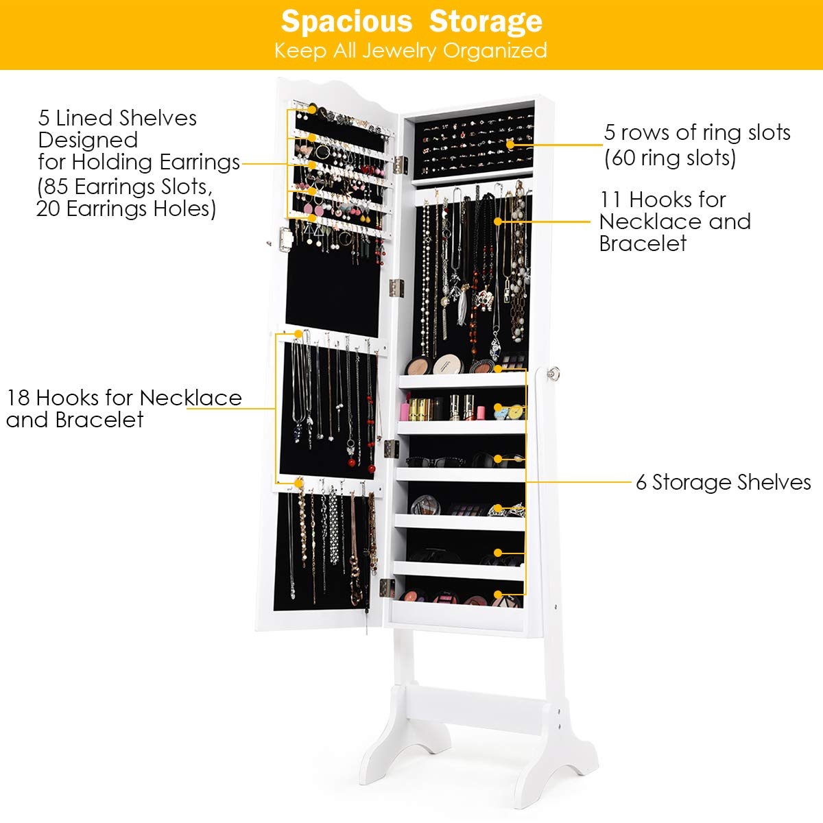 Jewelry Cabinet Armoire Lockable with Mirror - Giantex