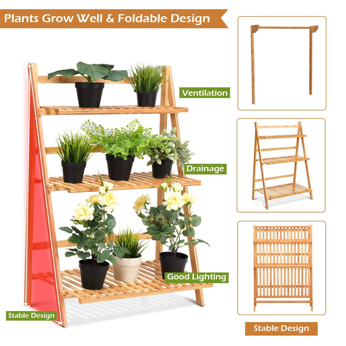 Giantex 3-Tier Hanging Plant Stand Storage Shelf, Folding Flower Pot Organizer Display Storage Rack