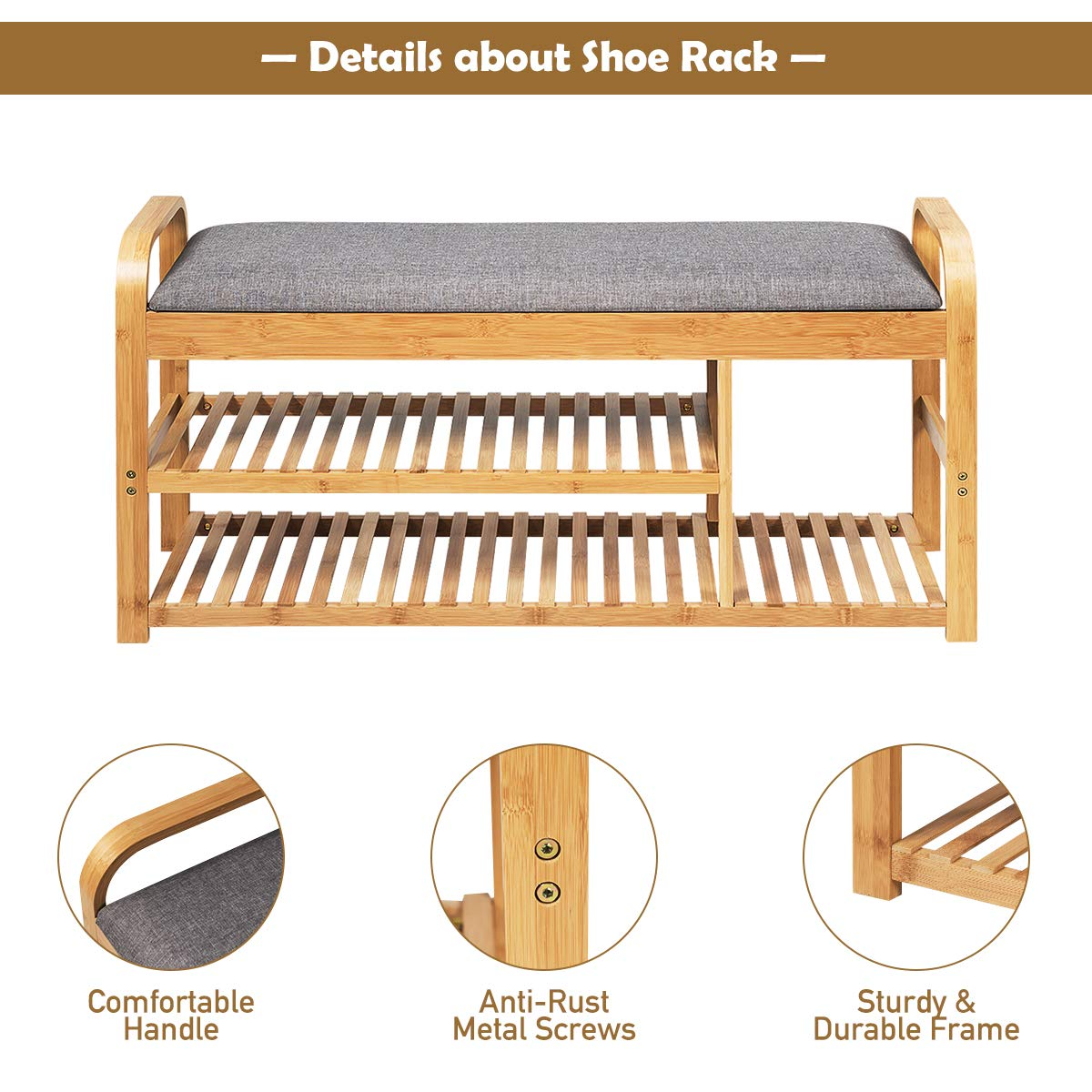 Giantex Shoe Rack Bench, Entryway 3-Tier Bamboo Shoe Organizer with Cushion (Natural and Grey)