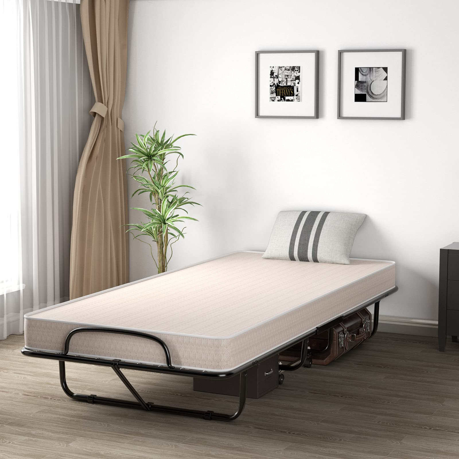 Giantex Rollaway Folding Bed w/Mattress for Adults, 79 x 39 Inch Twin Portable Foldable Guest Bed w/Sturdy Metal Frame