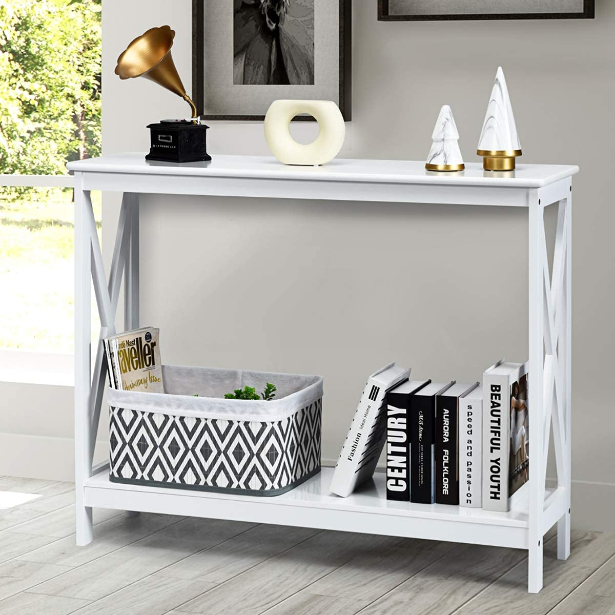 Giantex Console Table 2-Tier with Storage Shelf,X-Design Bookshelf