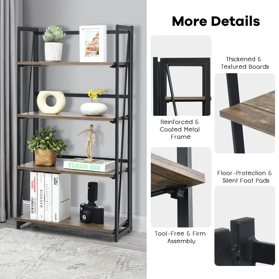 Giantex 4-Tier Bookshelf, No-Assembly Folding Industrial Storage Shelves w/ Anti-Tipping Wall Bolt