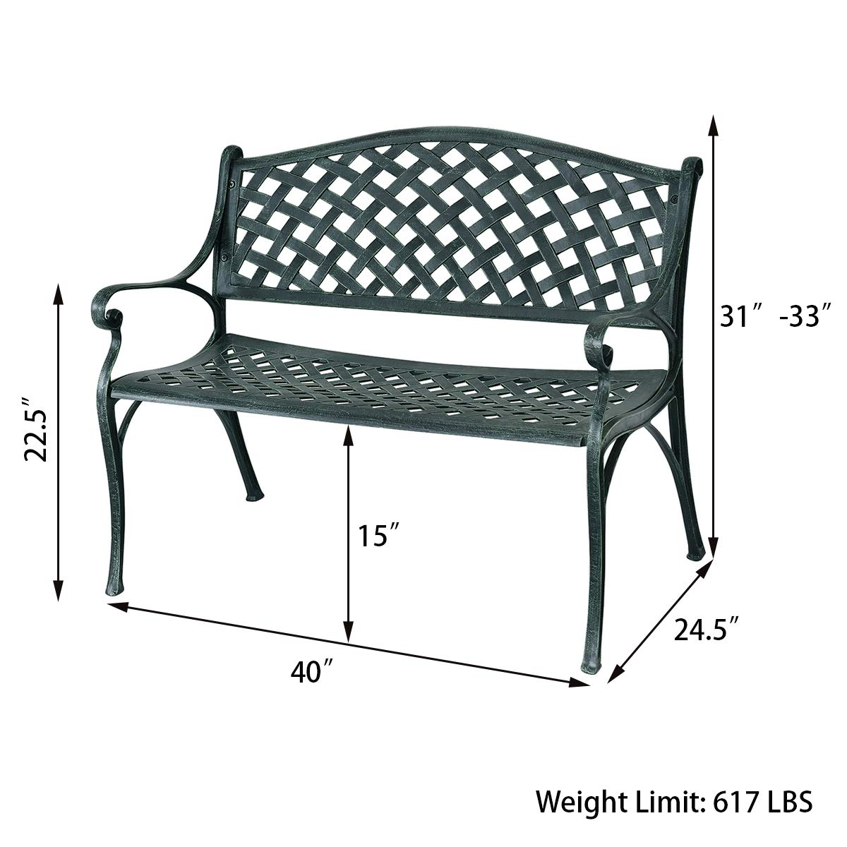 Giantex 40" Outdoor Antique Garden Bench Aluminum Frame Seats Chair Patio Garden Furni(Ancient Green)