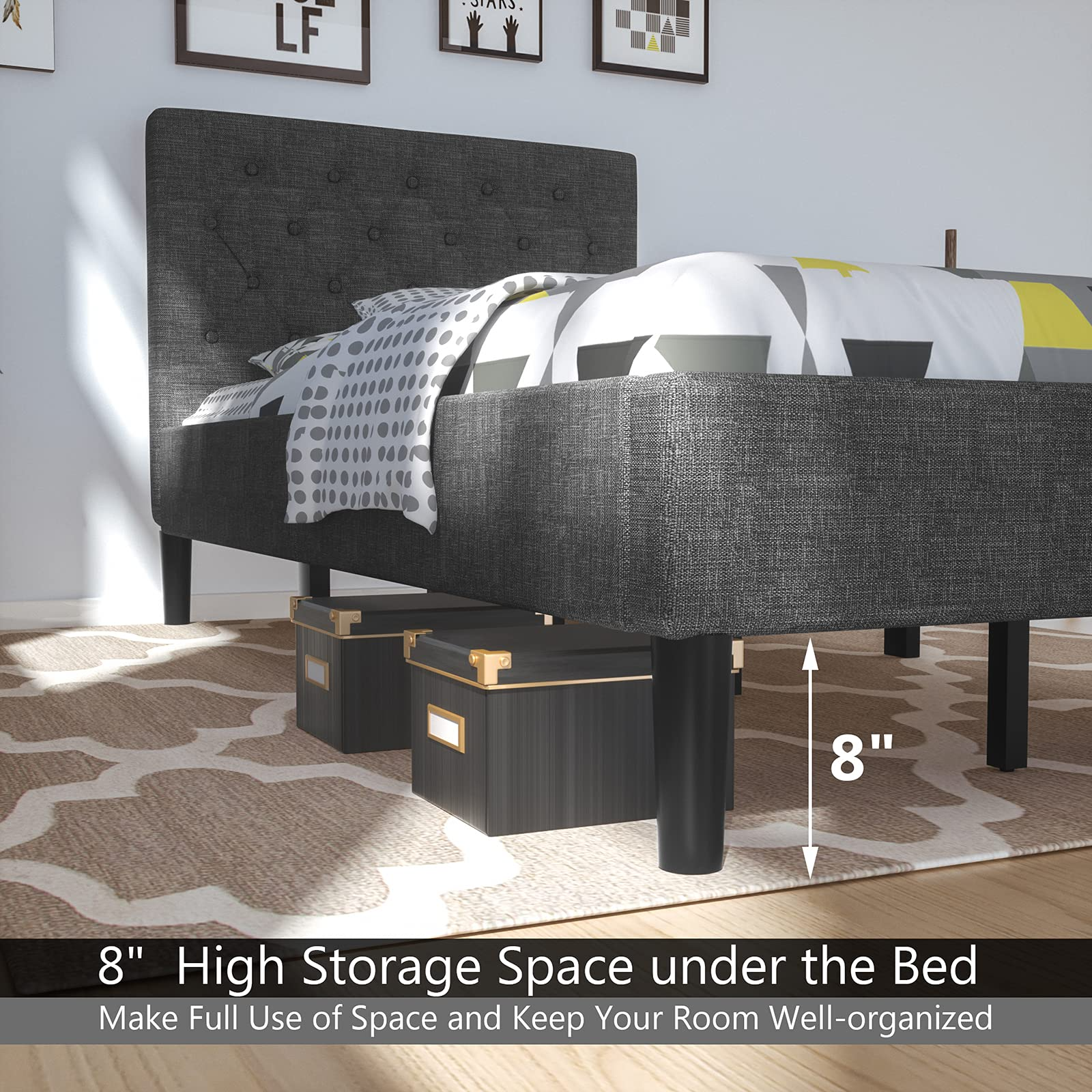 Elegant & Modern Style Upholstered Stable Bed Base with Button Stitched Headboard