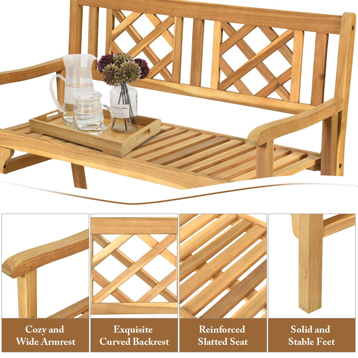 Giantex Patio Wooden Bench, 4 Ft Foldable Acacia Garden Bench (Teak)