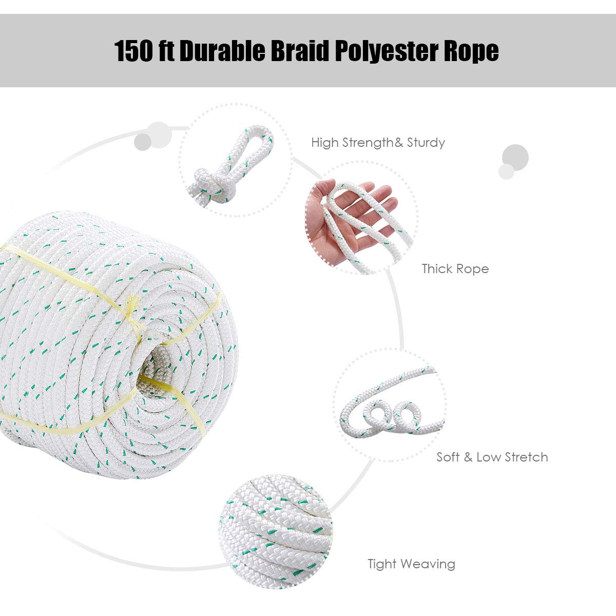 Giantex 3/7" Durable Braid Polyester Rope, White