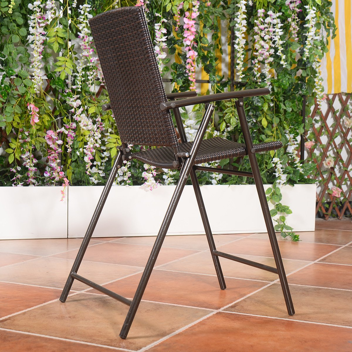 Giantex Folding Wicker Rattan Bar Chairs Tall Stool with Back Steel Frame