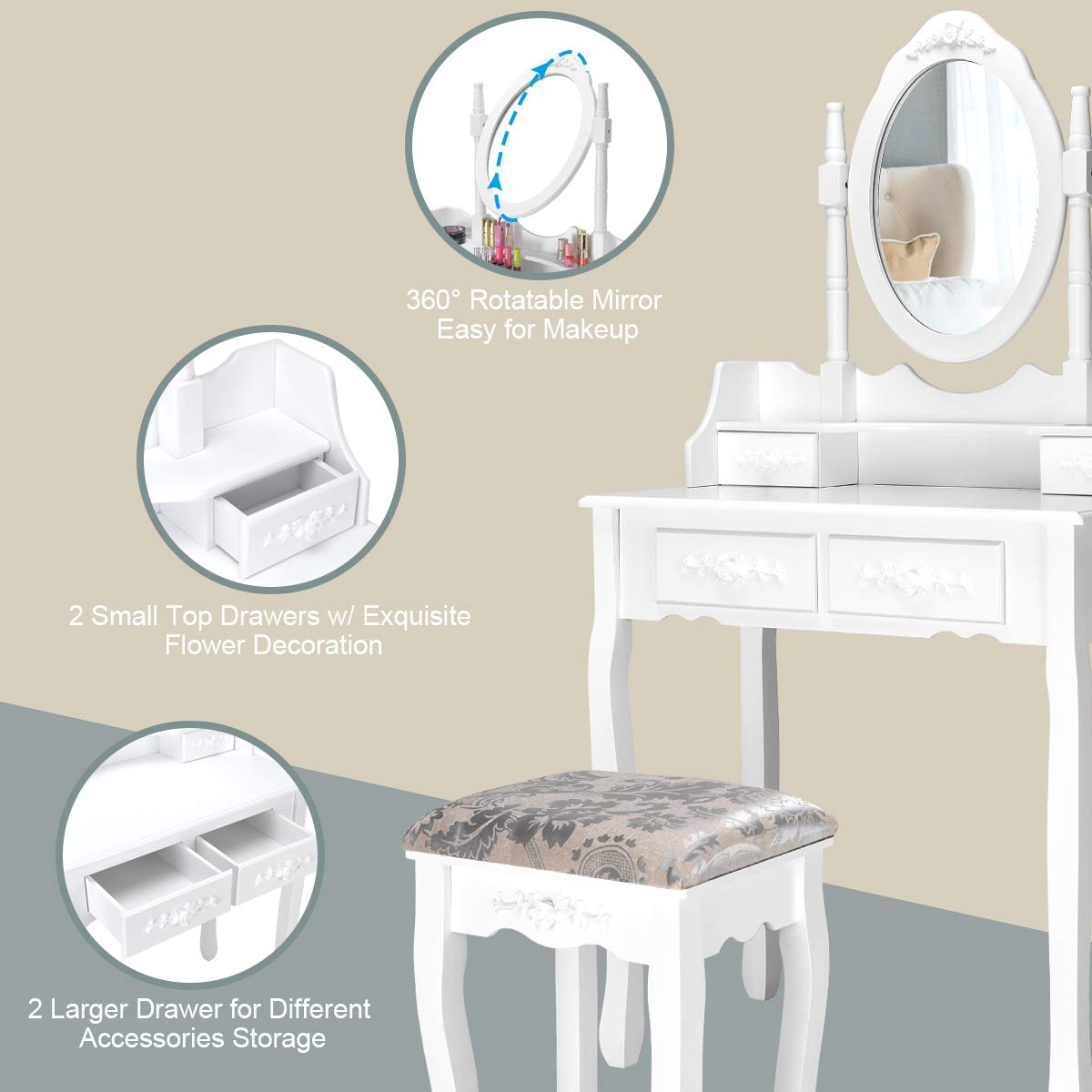 Giantex White Vanity Table Set with Oval Mirror and 4 Drawers