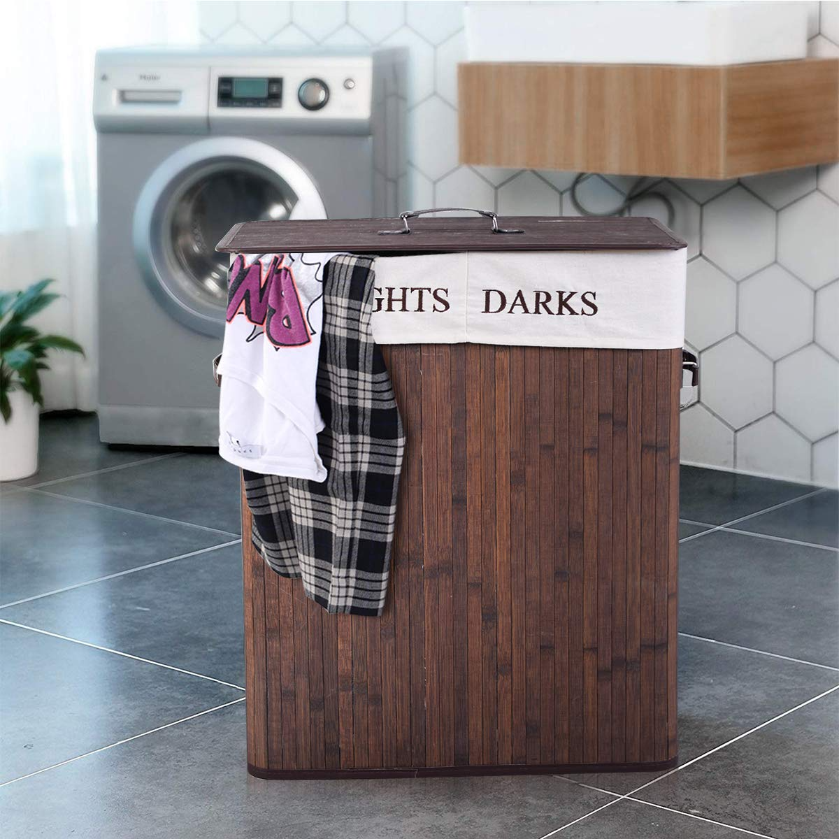 Giantex Double Laundry Hamper Bamboo Foldable Rectangle Hamper with Lid
