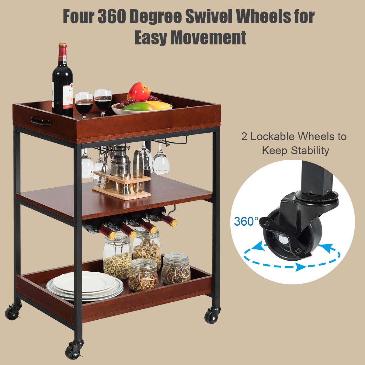 Giantex Kitchen Island Cart Rolling Industrial Style, Rustic Brown