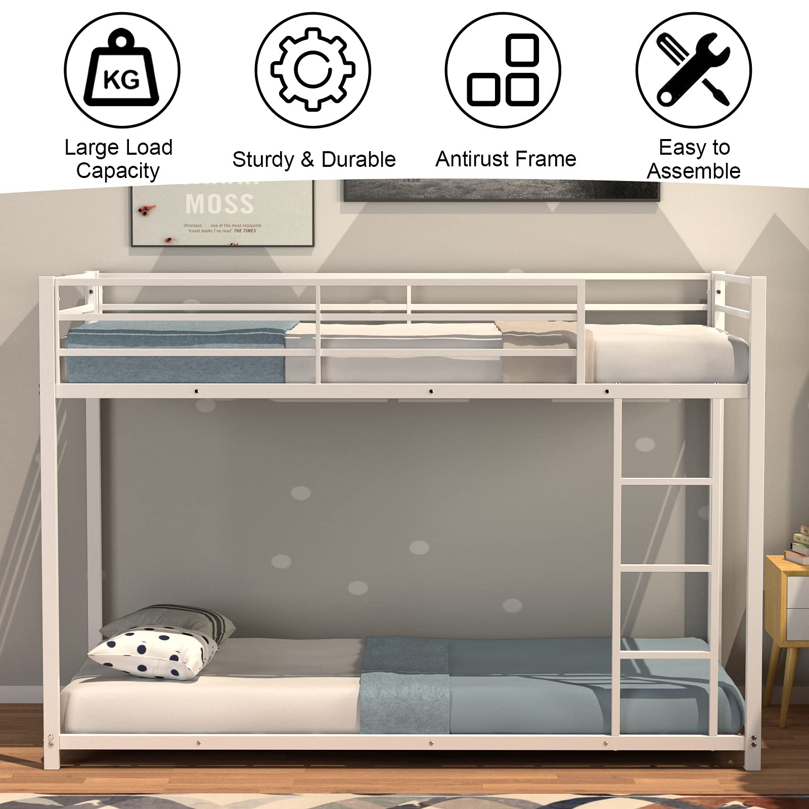Classic Bunk Bed Frame with Safety Guard Rails & Side Ladder
