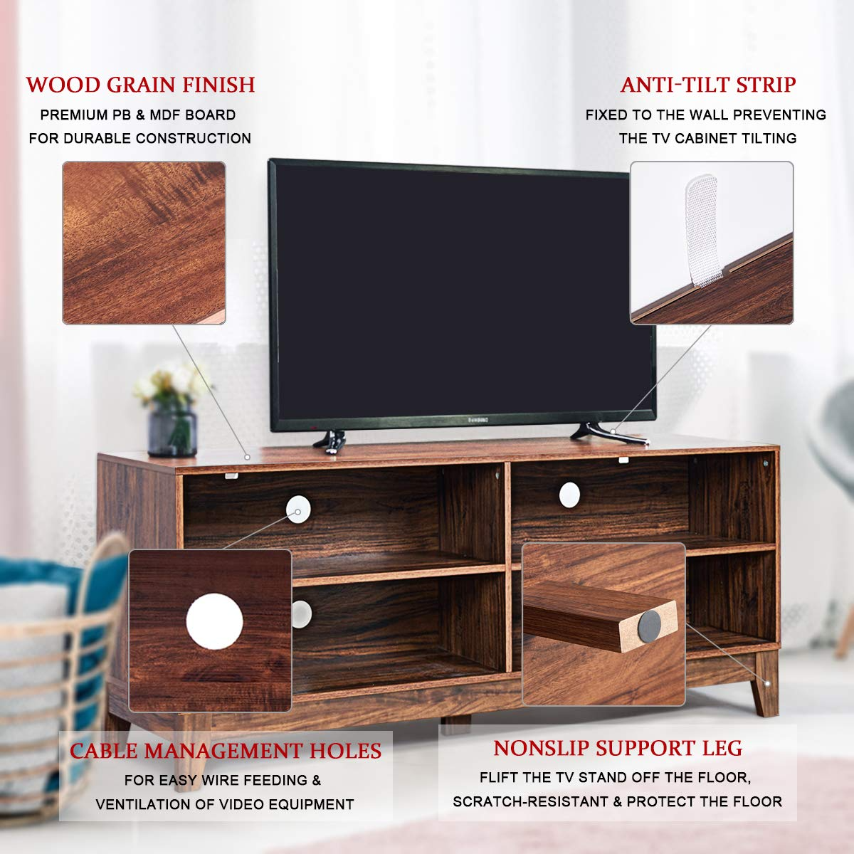 Giantex TV Stand Console Table Cabinet for 60" TV, Large Storage for Living Recreation Room W/ 4 Open Shelves