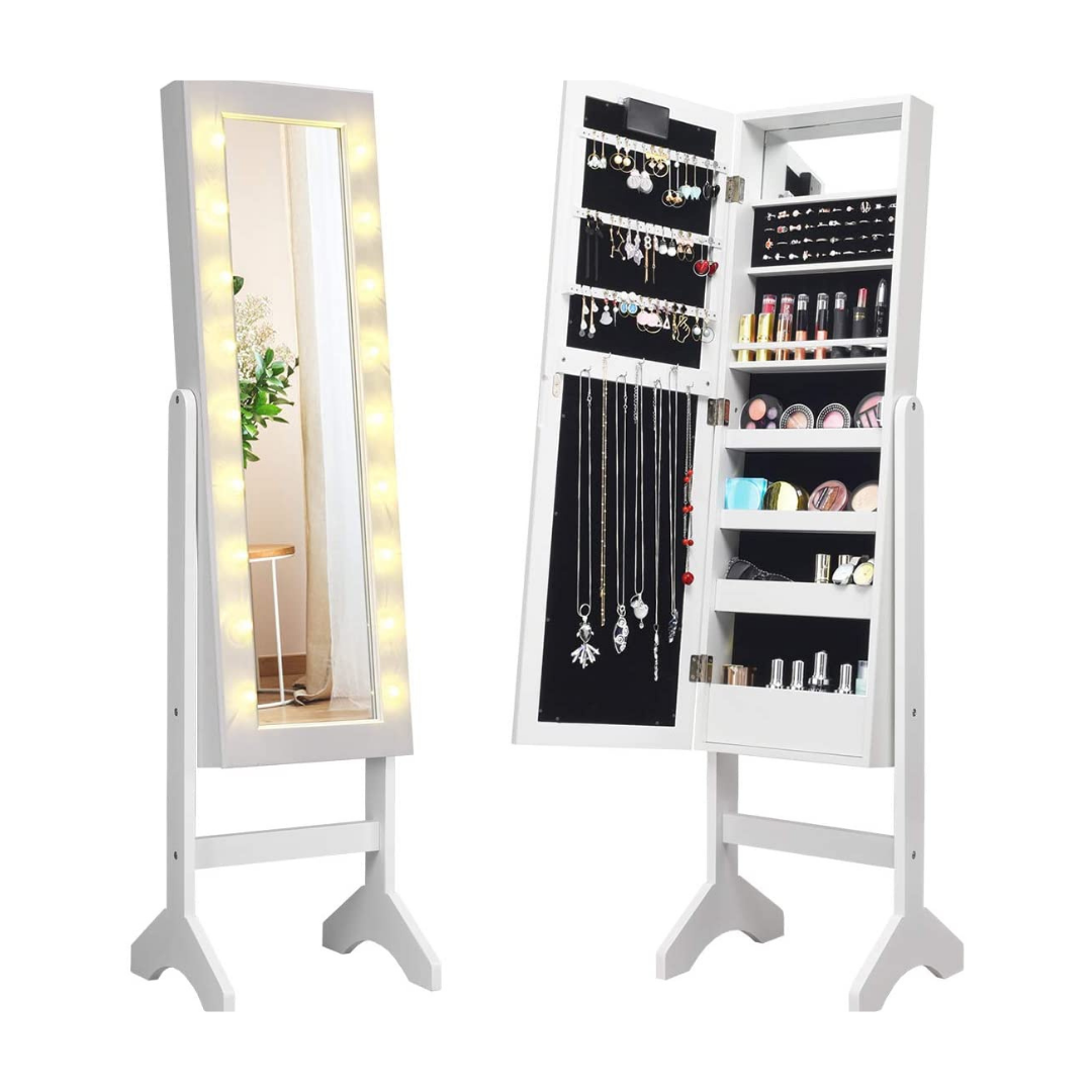 Standing Jewelry Armoire with 18 LED Lights Around the Door