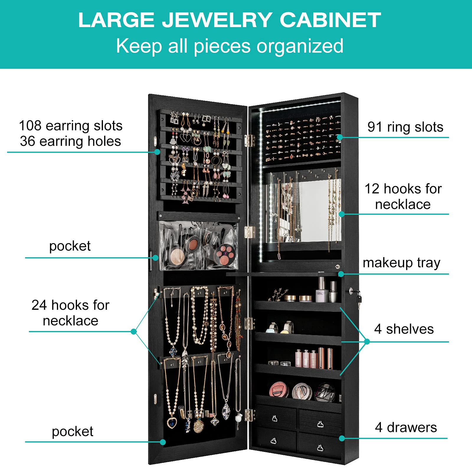 CHARMAID LED Strip Jewelry Armoire with 47.2" H Full Length Mirror