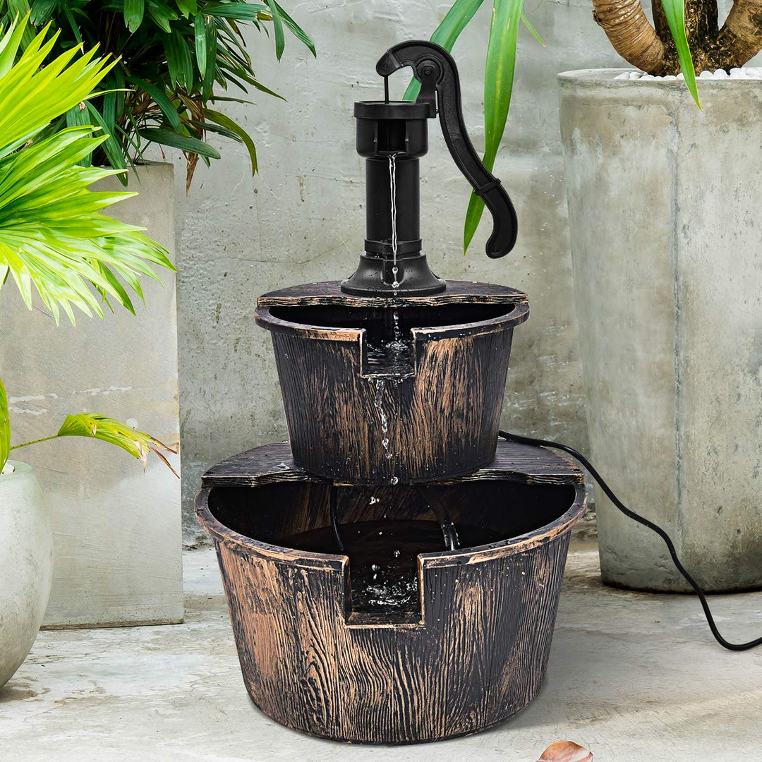 Giantex 2-Tier Rustic Barrel Waterfall Fountain with Pump