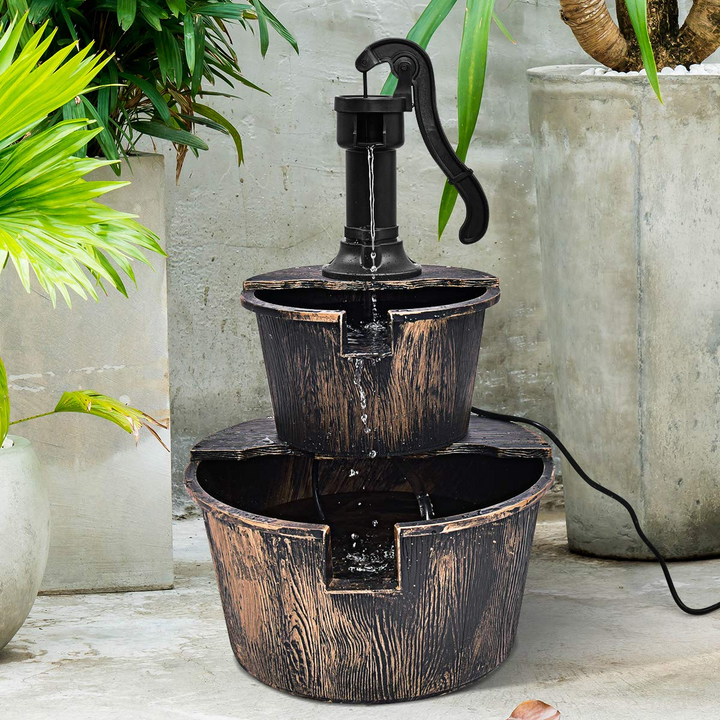 Giantex 2-Tier Rustic Barrel Waterfall Fountain with Pump