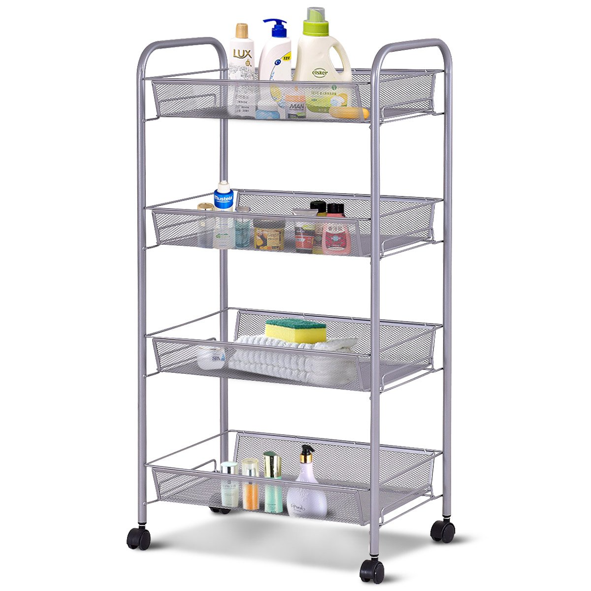 Giantex Storage Rack Trolley Cart Home Kitchen Organizer Utility Baskets (4 Tier, Silver)