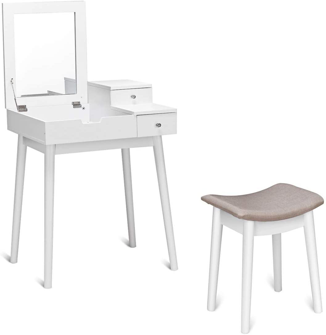 Vanity Table Set with Flip Top Mirror and Cushioned Stool with 2 Drawers, White - Giantexus