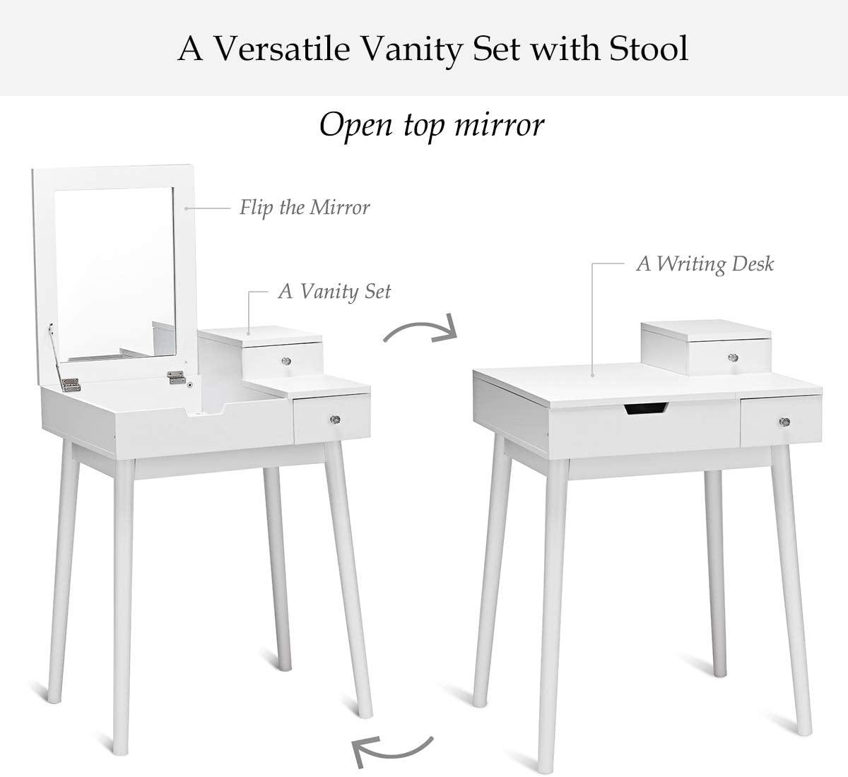 Vanity Table Set with Flip Top Mirror and Cushioned Stool with 2 Drawers, White - Giantexus