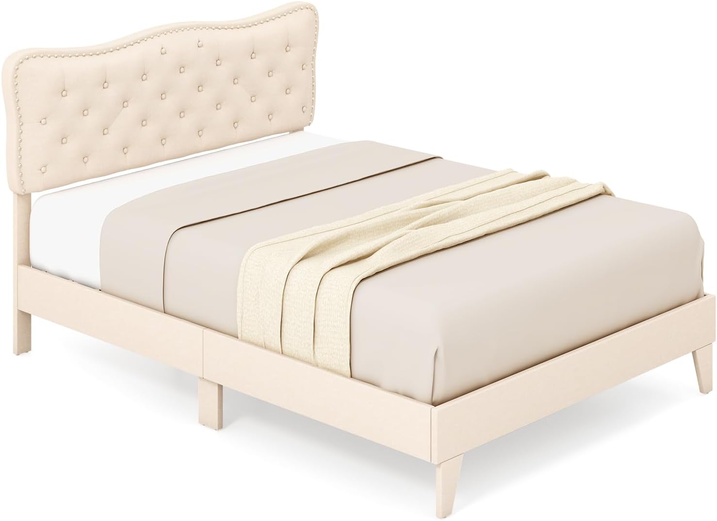 Giantex Full Size Bed Frame Beige, Linen Fabric Upholstered Platform Bed Frame with Nail Headboard