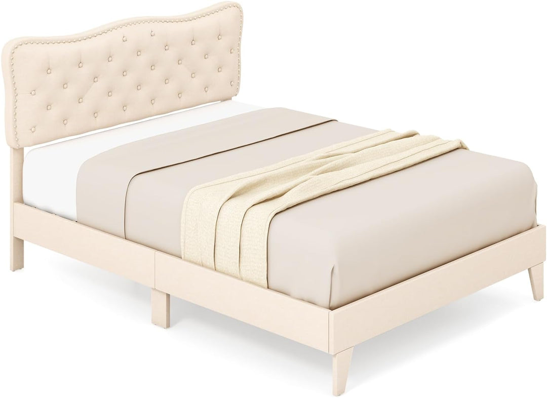 Giantex Full Size Bed Frame Beige, Linen Fabric Upholstered Platform Bed Frame with Nail Headboard
