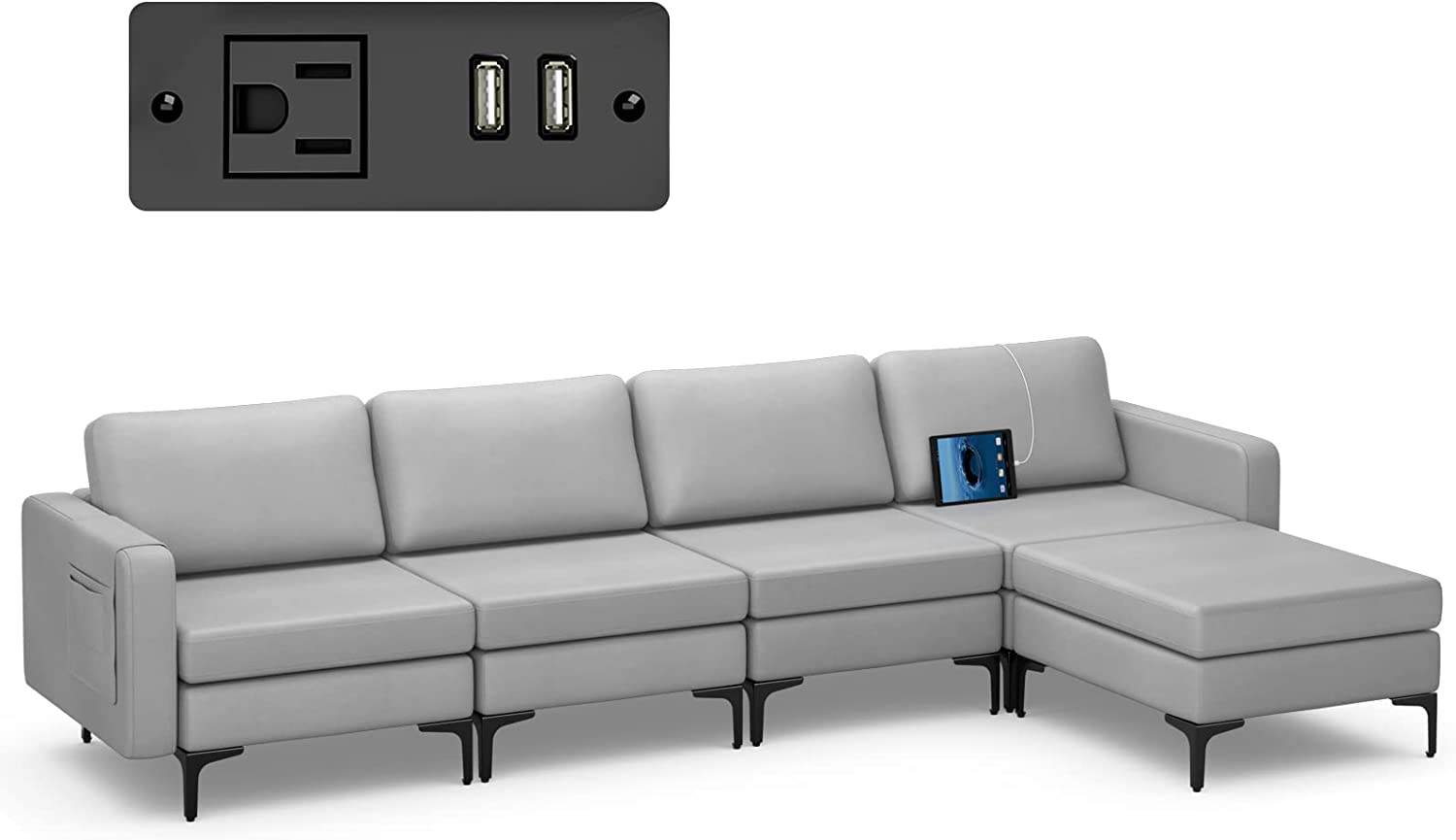 Giantex 4 Seat Convertible Sofa Couch, 123" L Sectional Sleeper with 2 or 1 USB Ports Socket