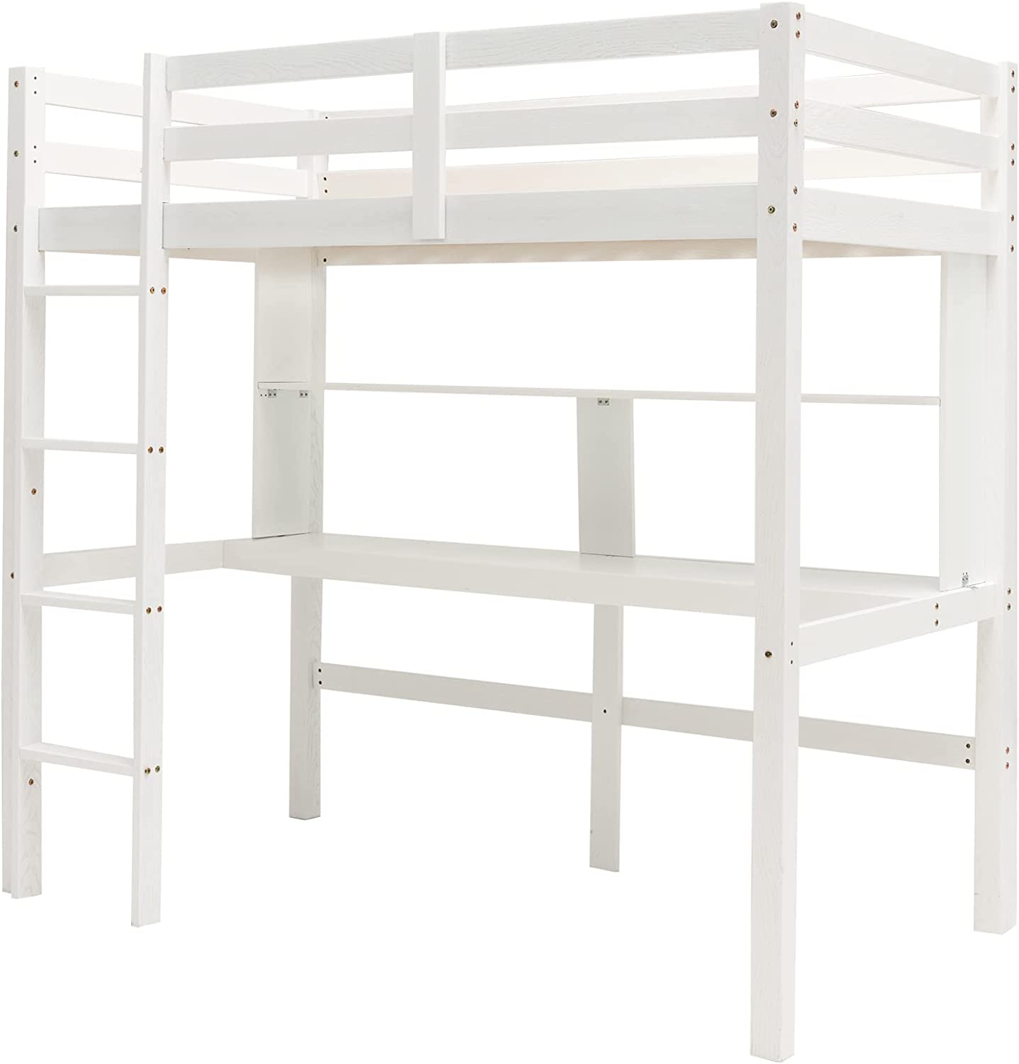 Giantex Twin Loft Bed with Desk and Bookshelf, Wooden Bed Frame with Safety Guardrail & Ladder