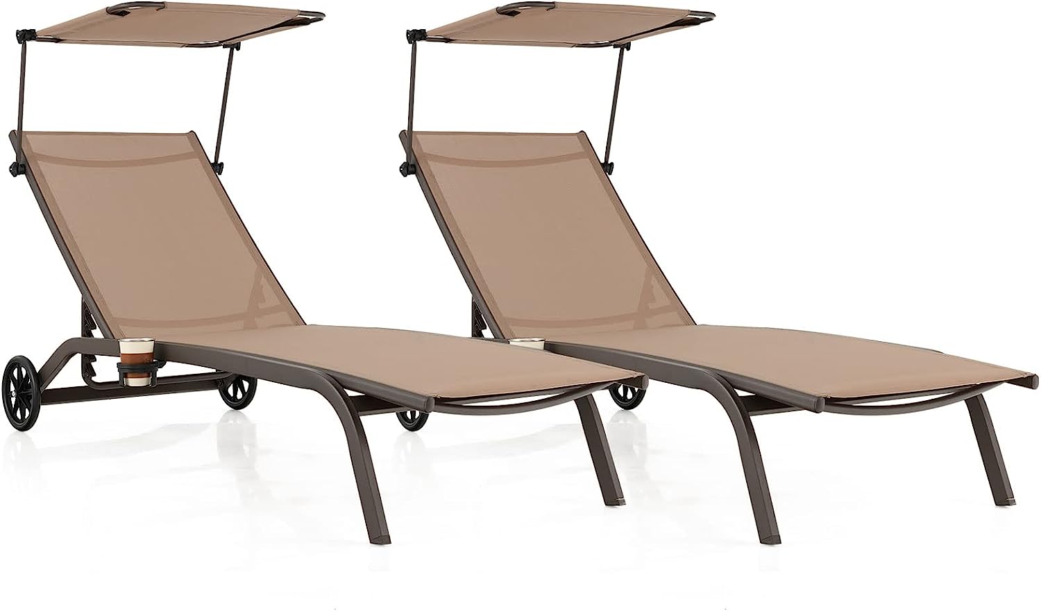 Giantex Outdoor Chaise Lounge Chair, Tanning Chair with Sunshade and Smooth Wheels, 6-Level Adjustable Position