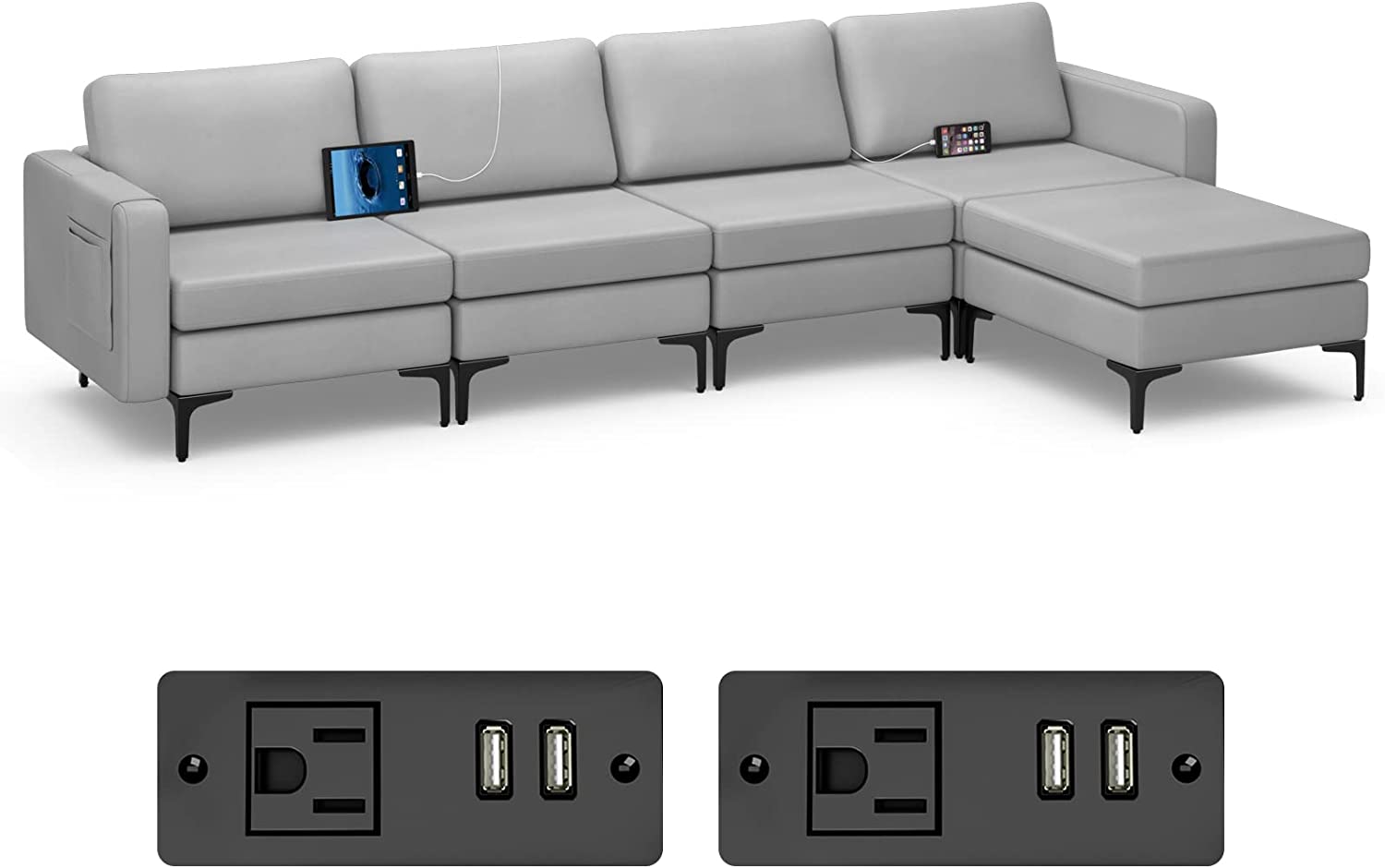 Giantex 4 Seat Convertible Sofa Couch, 123" L Sectional Sleeper with 2 or 1 USB Ports Socket
