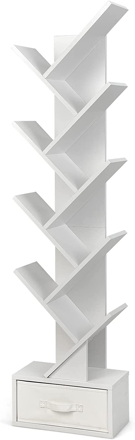 Giantex Tree Bookshelf with Drawer, 10 Shelf Space Saving