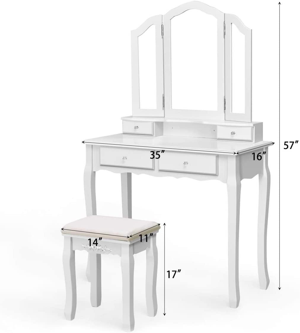 Vanity Set with Tri-Folding Mirror and 4 Drawers Makeup Dressing Table - Giantexus