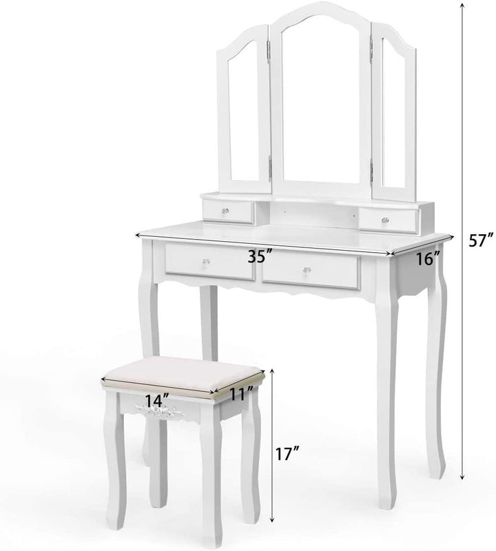 Vanity Set with Tri-Folding Mirror and 4 Drawers Makeup Dressing Table - Giantexus