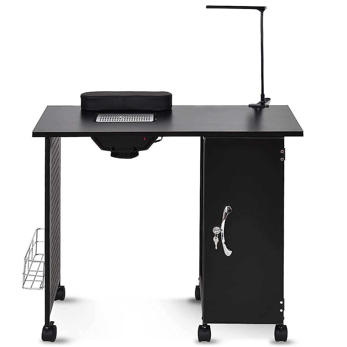 Nail Desk Manicure Table Steel Frame Nail Tables for Technician (Pure Black) - Giantexus