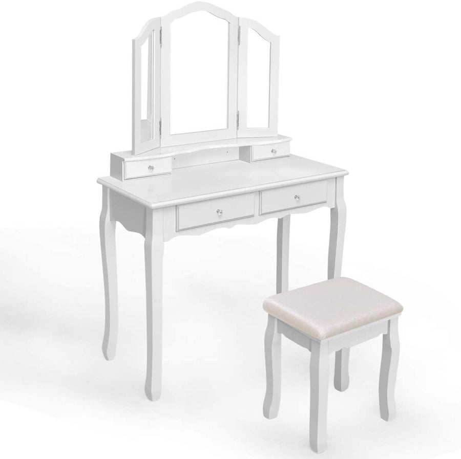 Vanity Set with Tri-Folding Mirror and 4 Drawers Makeup Dressing Table - Giantexus