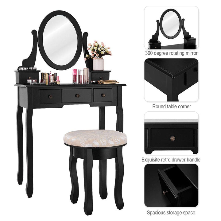 Giantex  Round 360 Degree Rotation Swivel Mirror Dressing Table Stool Wooden Vanity Set (Black with 5 Drawer)