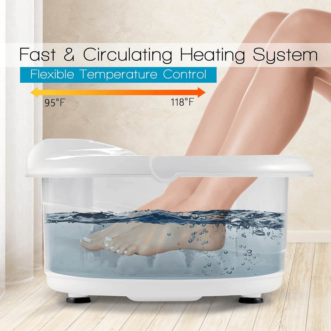 Giantex Foot Spa Bath Massager with Heat Bubbles, 6 Motorized Massage Rollers, Fast Heating, Red Light, Adjustable Temperature & Time (Blue/White) - Giantexus