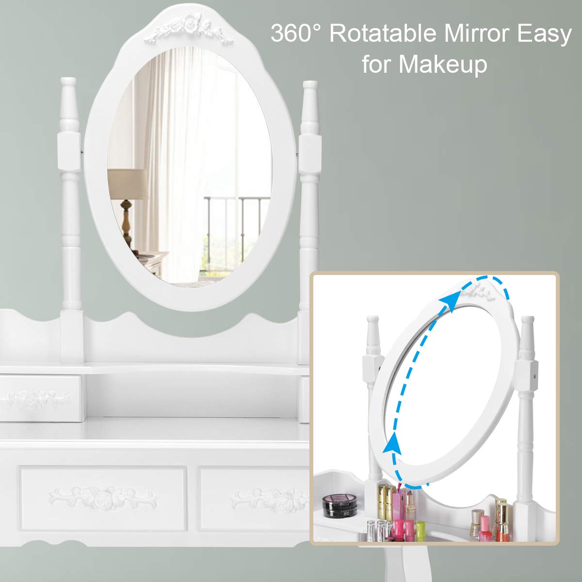 Giantex White Vanity Table Set with Oval Mirror and 4 Drawers