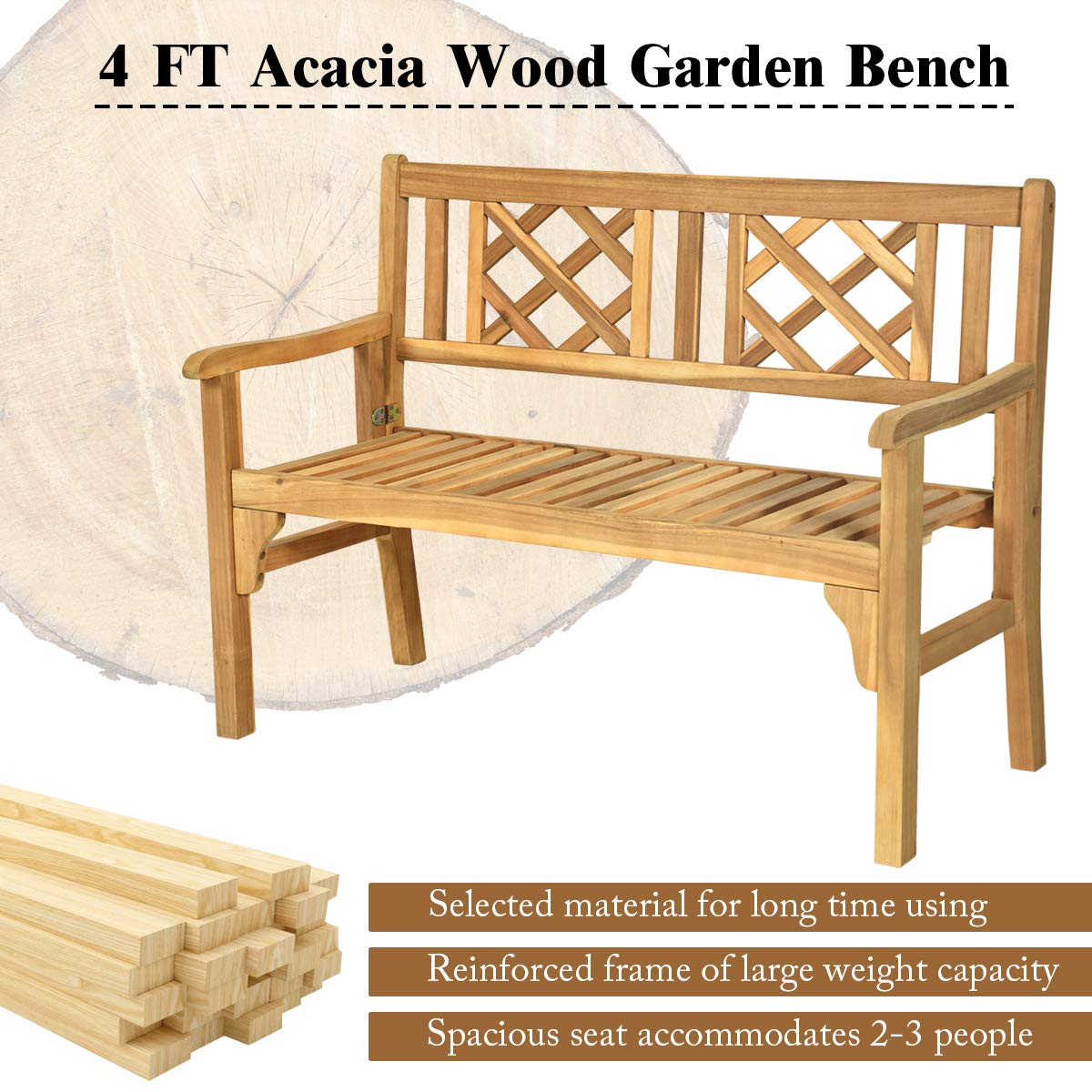 Giantex Patio Wooden Bench, 4 Ft Foldable Acacia Garden Bench (Teak)