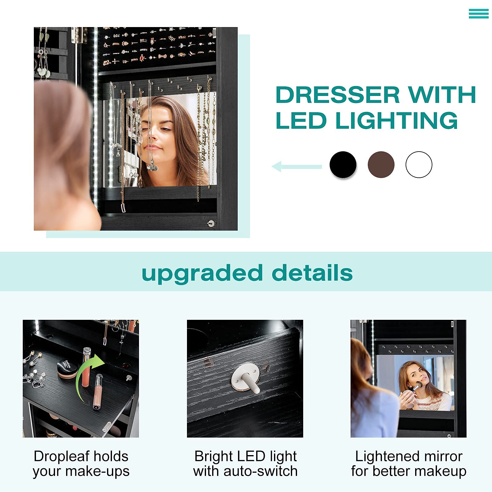 CHARMAID LED Strip Jewelry Armoire with 47.2" H Full Length Mirror