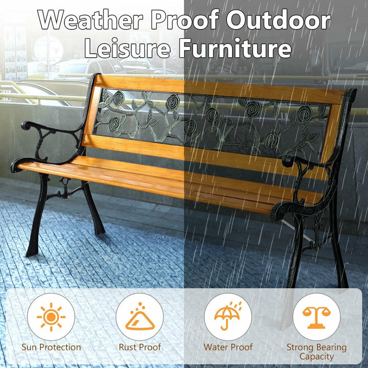 Giantex 50" Patio Park Garden Bench, Outdoor Furniture Rose Cast Iron Hardwood Frame Porch Loveseat for 2 Person Outdoor Clearance