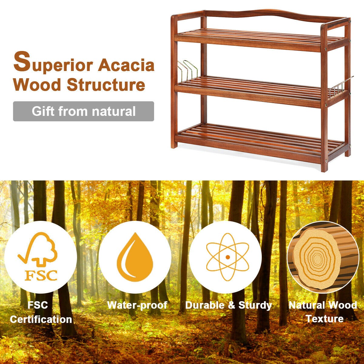 Giantex 3-Tier Wood Shoe Rack 4 Metal Side Hangers, 29"L x10.5"Wx 24.5"H