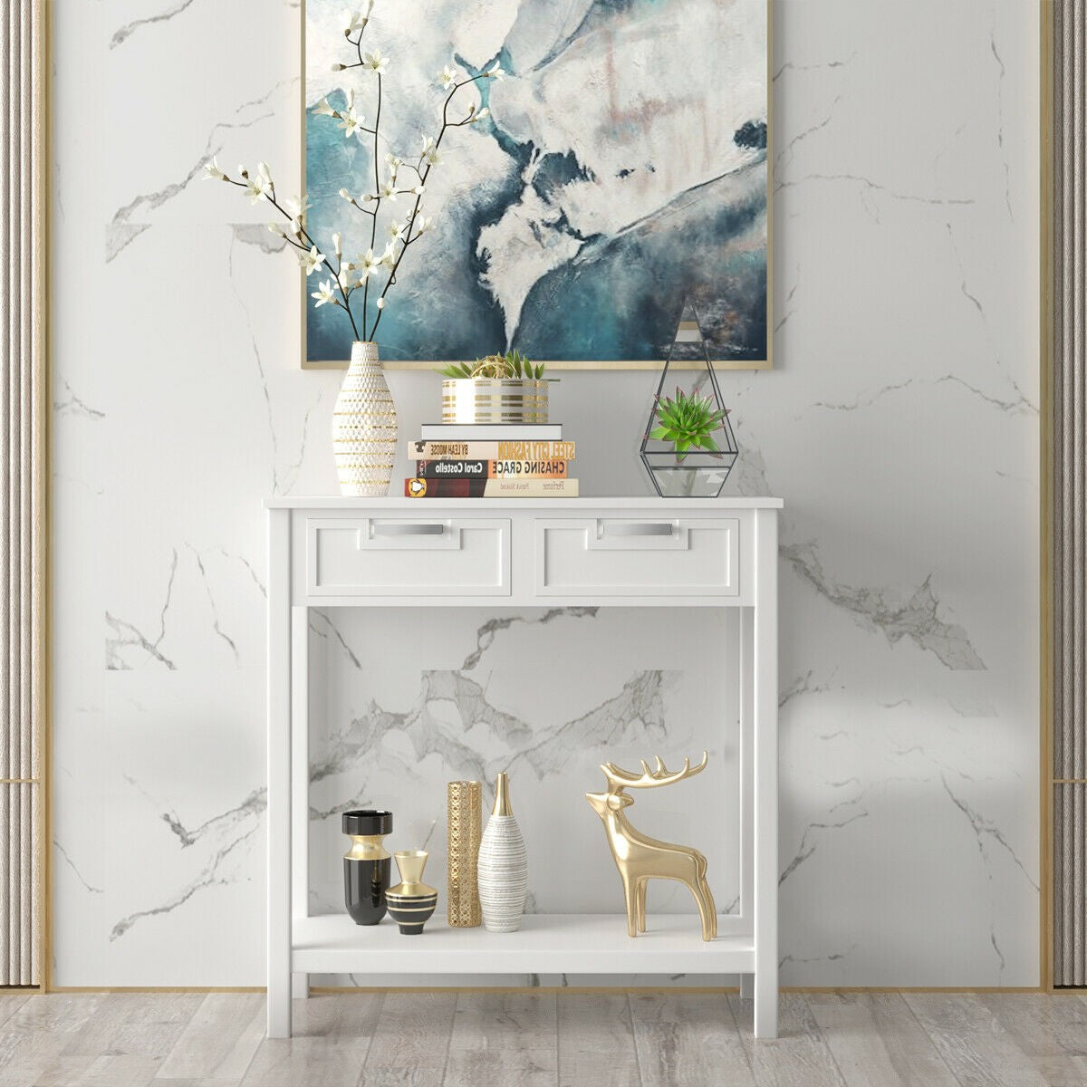 Console Sofa Table with 2 Drawers and Bottom Shelf