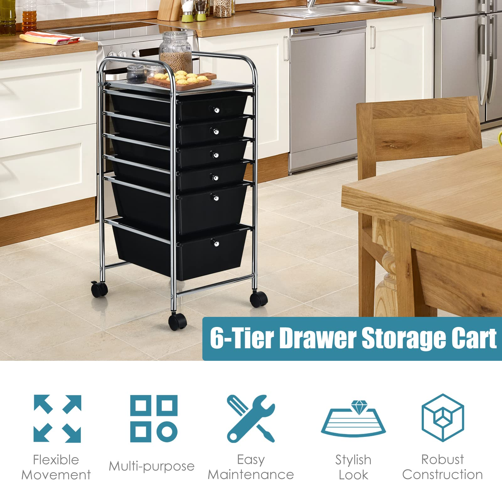  6 Storage Drawer Cart Rolling Organizer Cart, Black - Giantex