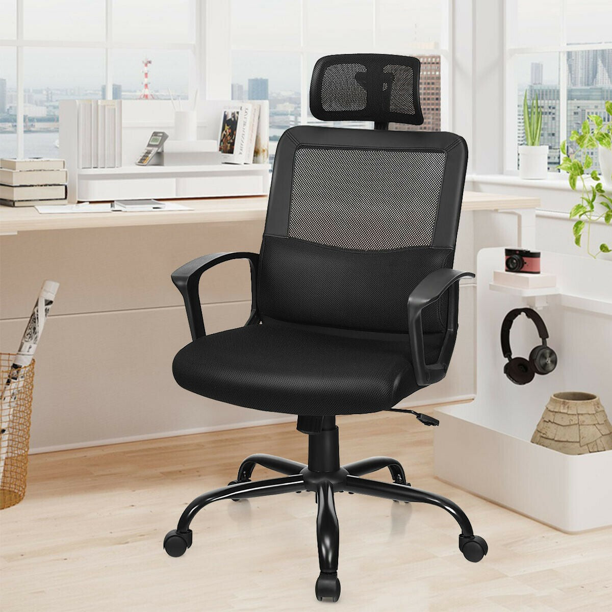 Mesh Office Chair, Swivel Computer Task Chair, Adjustable Armrests (Black)