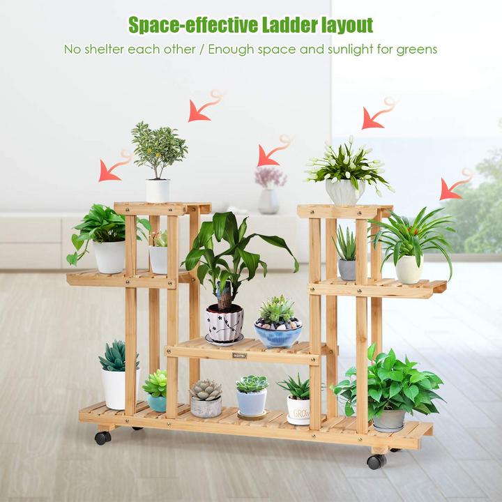 Giantex Rolling Flower Rack Wood Plant Stand on Wheels